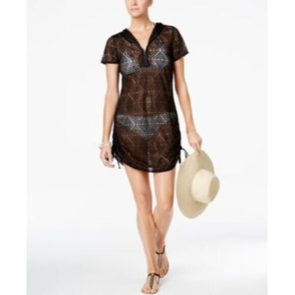 Dotti Women's Crochets Hoodie Tunic Swim Cover up Black Small NWT